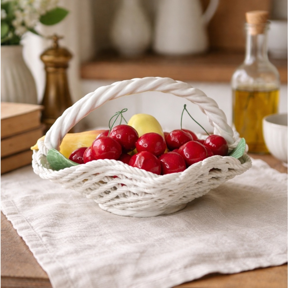 Vintage Italian Porcelain Fruit Basket Capodimonte Style Cherries Banana Decor